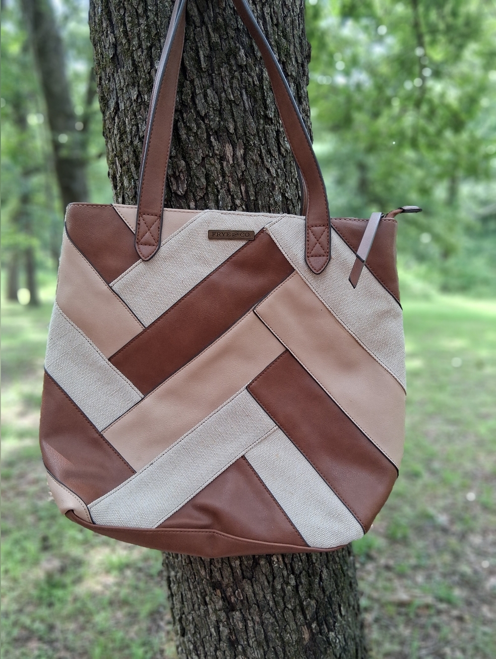 FRYE AND CO. Patchwork Leather & Canvas Tote in Brown and Cream